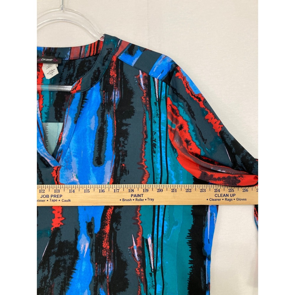 Cocomo‎ Blouse XL Blue Red Abstract Roll Tab Sleeve Stretch Popover Preppy - Picture 6 of 8